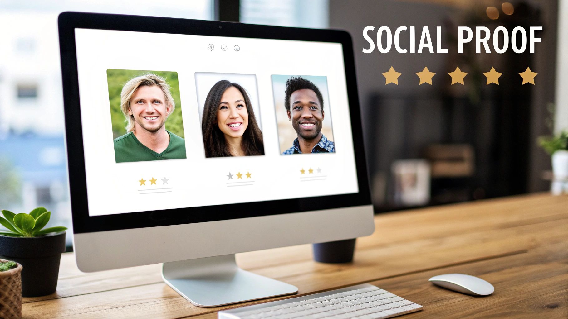 Desktop computer showing 'Social Proof' and five stars, with user testimonials featuring three diverse smiling faces.