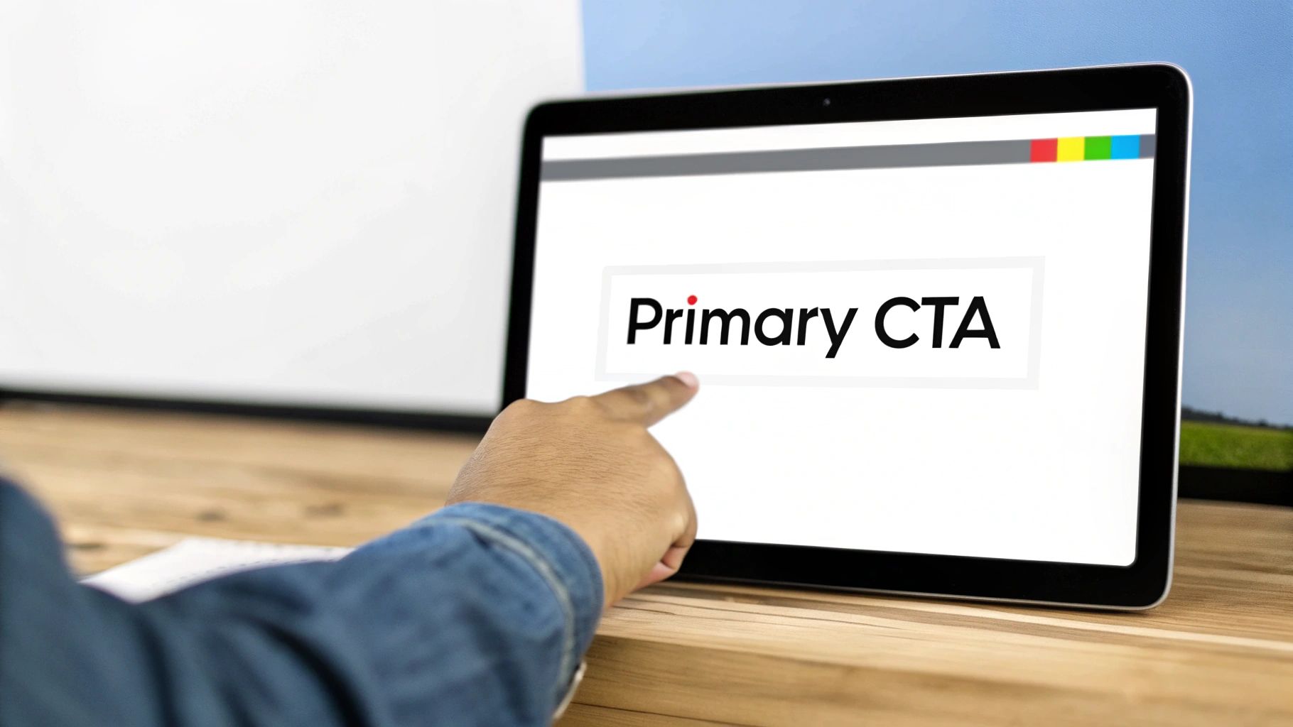 A person's hand points at a tablet screen displaying 'Primary CTA' on a wooden desk.