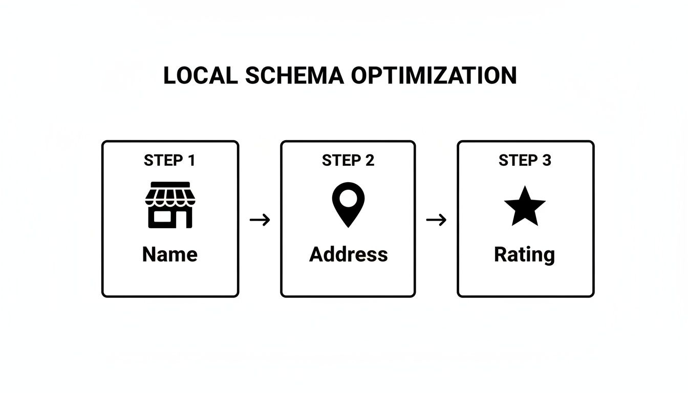 A diagram illustrating three steps for local schema optimization: Name, Address, and Rating.