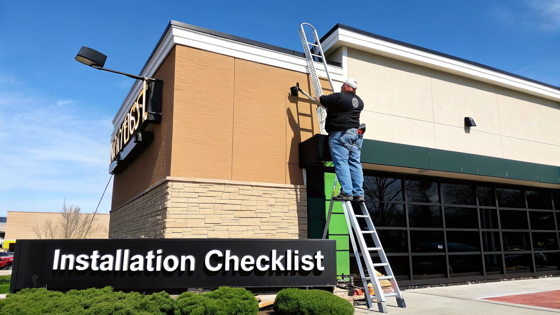 A sign being professionally installed on the exterior of a modern restaurant building.