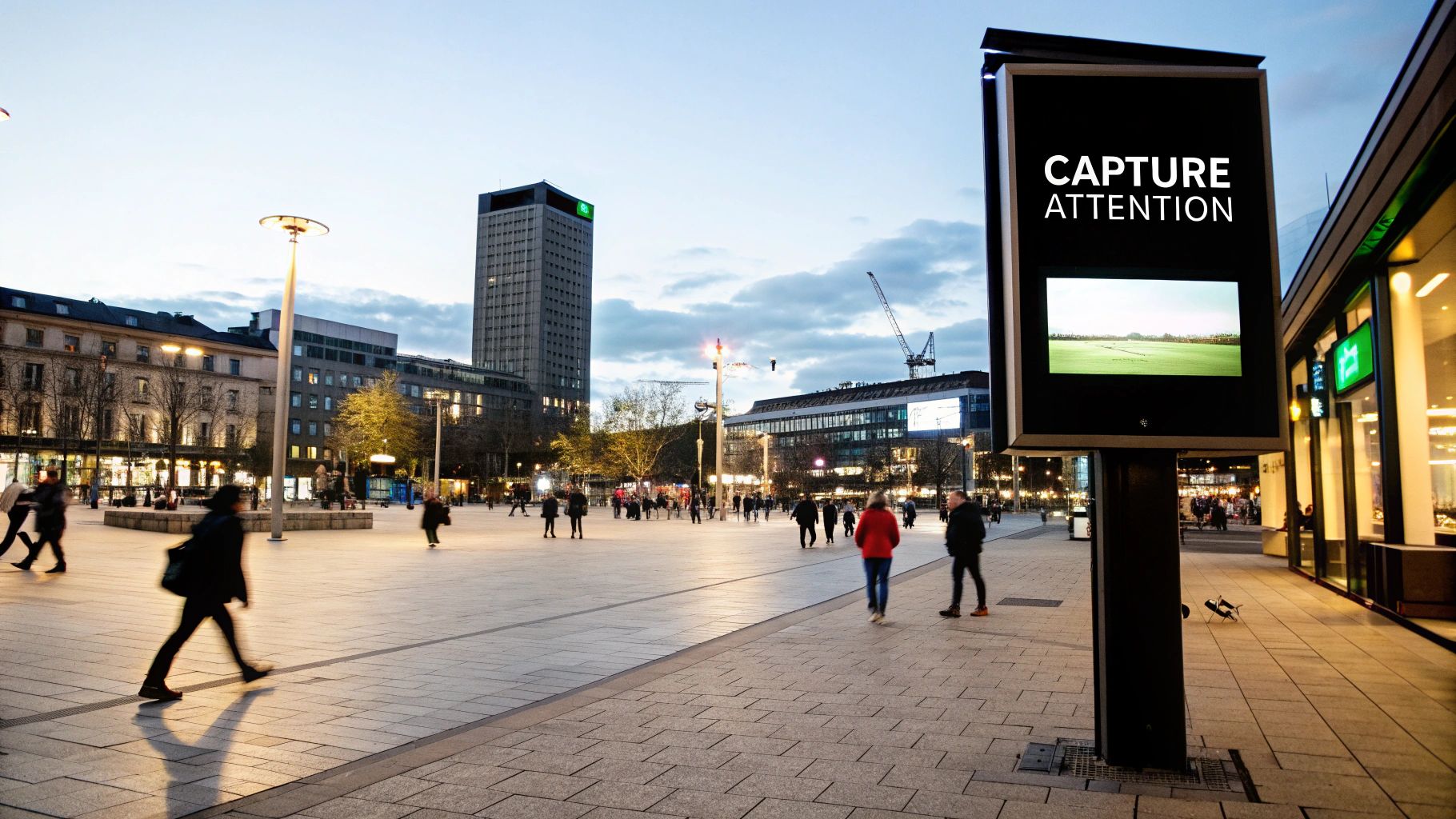 A Complete Guide to Digital Message Boards 1 A large digital message board displaying a colorful advertisement in a public city square at night.