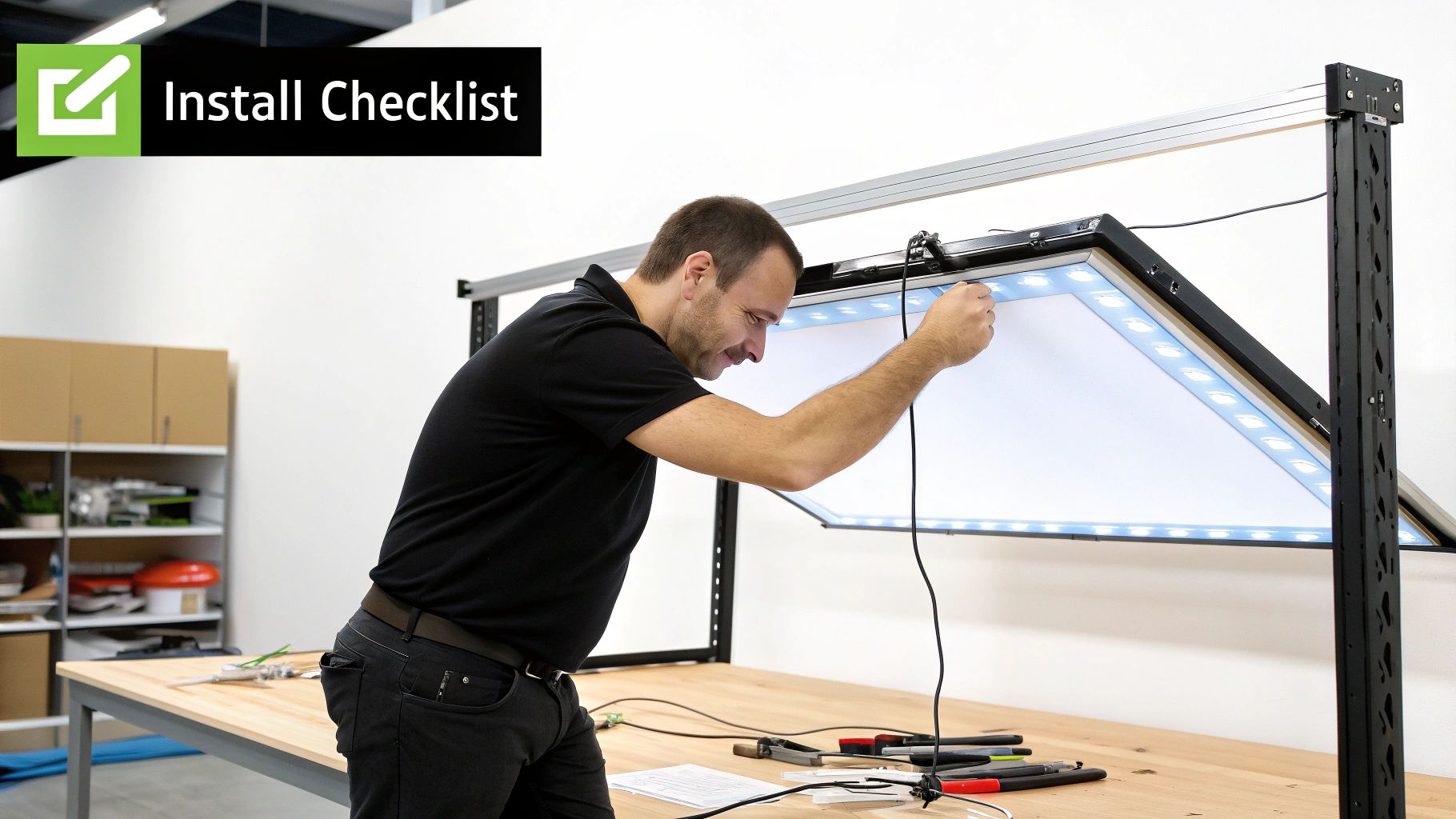 Flexible LED Panel A Guide to Curved Digital Displays 4 A man installs or adjusts a flexible LED light panel on a workbench in a bright room.
