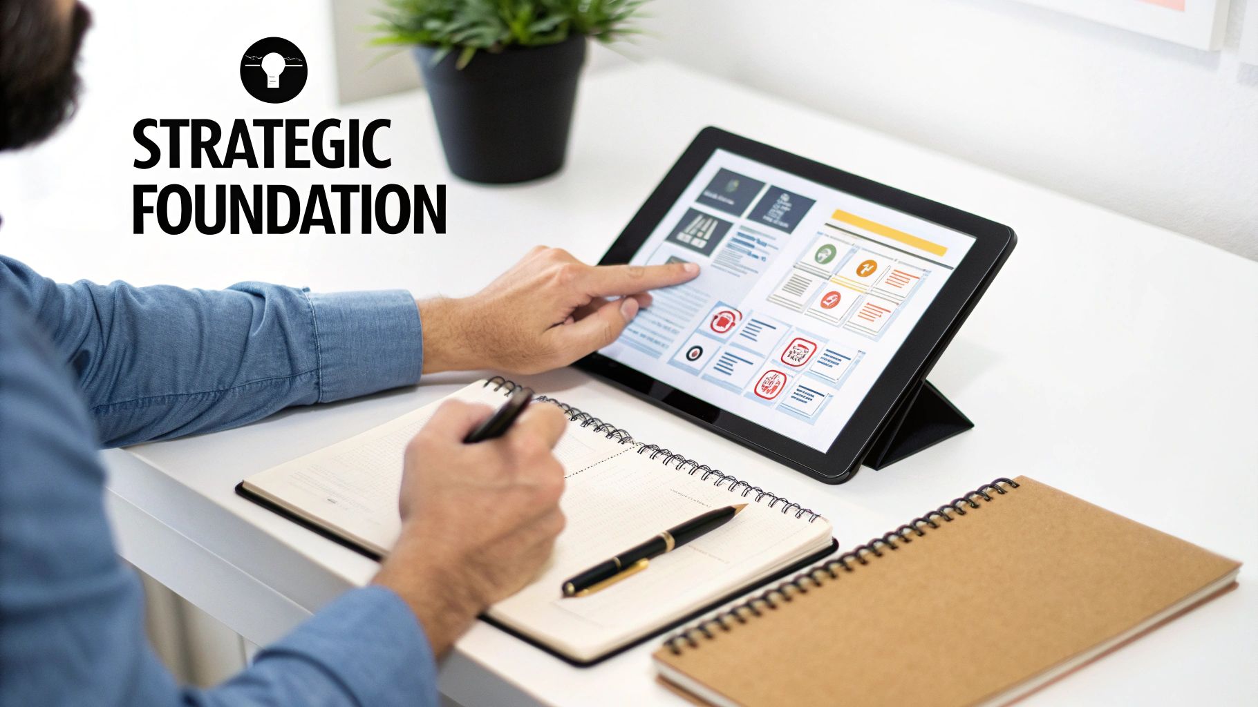 A person reviewing strategic information on a tablet while taking notes in a notebook, highlighting foundational planning.