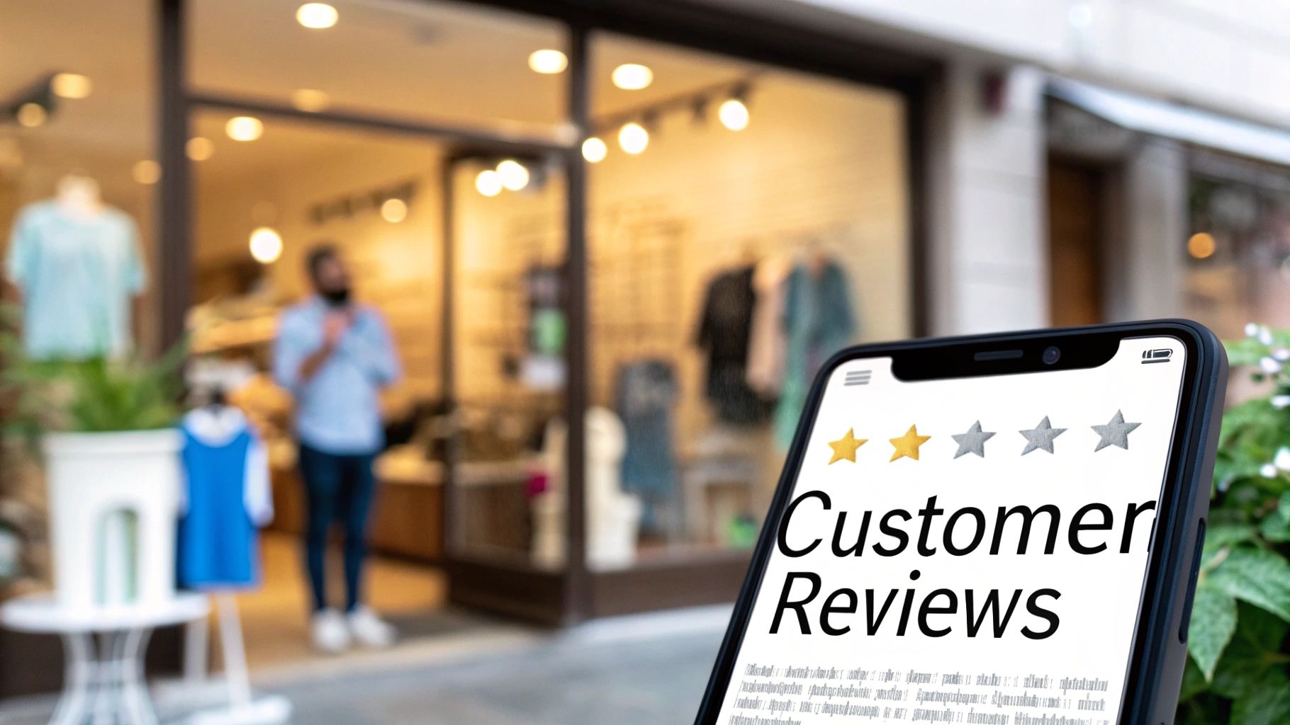 Smartphone displaying customer reviews with two gold stars, blurred local store in the background.