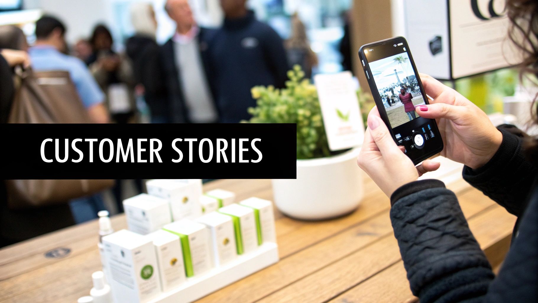 A woman uses a smartphone to photograph a display of products at an event.