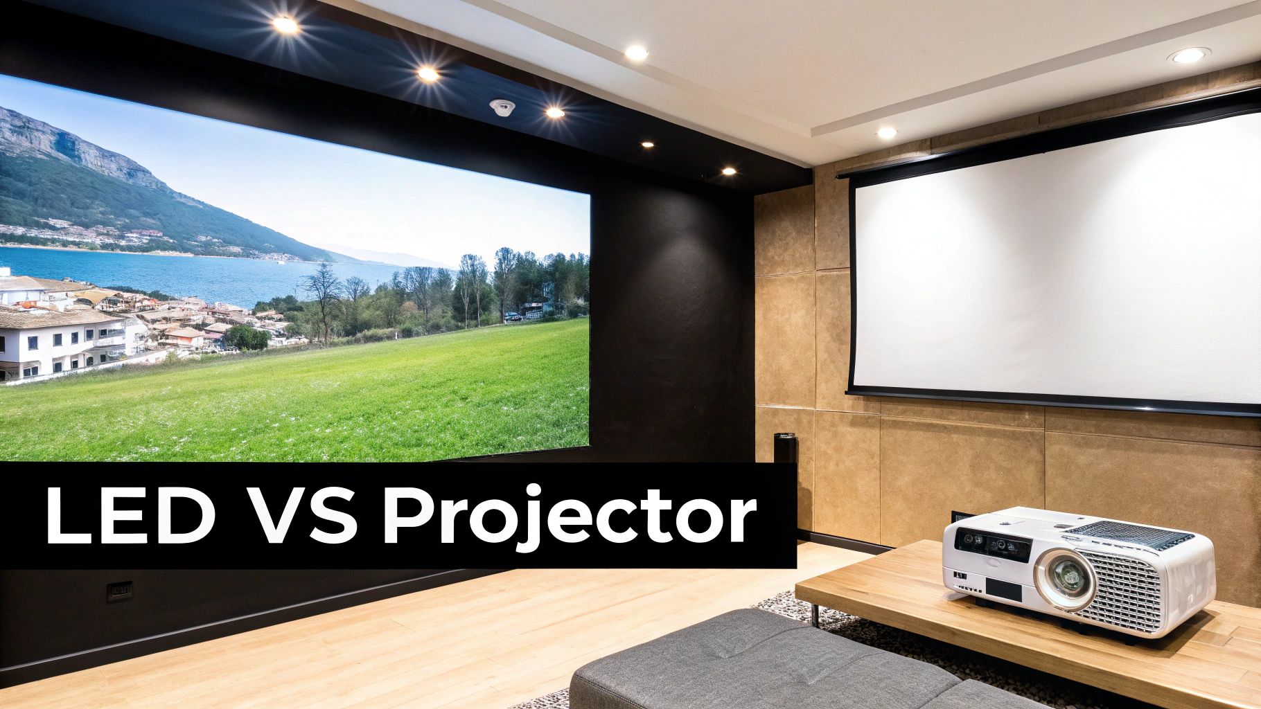 A modern home theater room with a large LED screen displaying a landscape and a projector with a white screen.