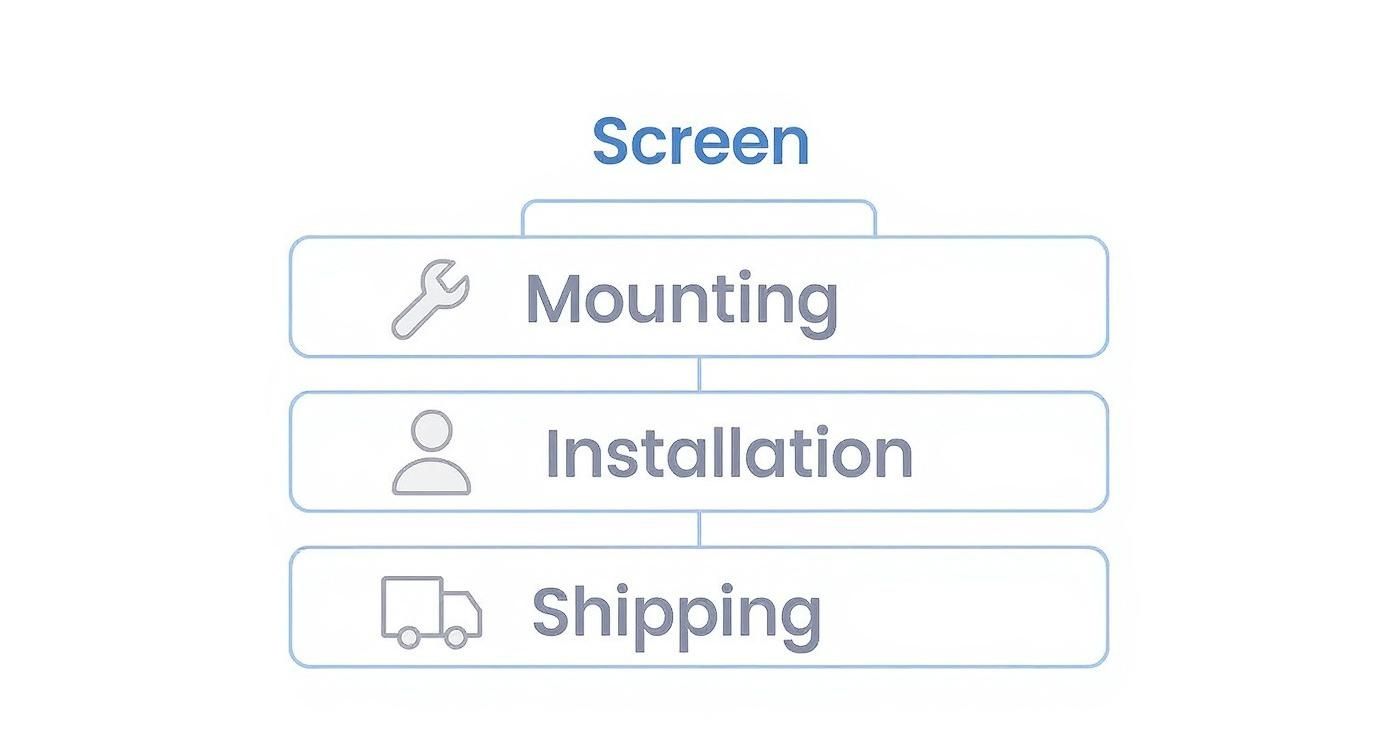 A hierarchical diagram outlining screen services: mounting with a wrench, installation with a person, and shipping with a truck.