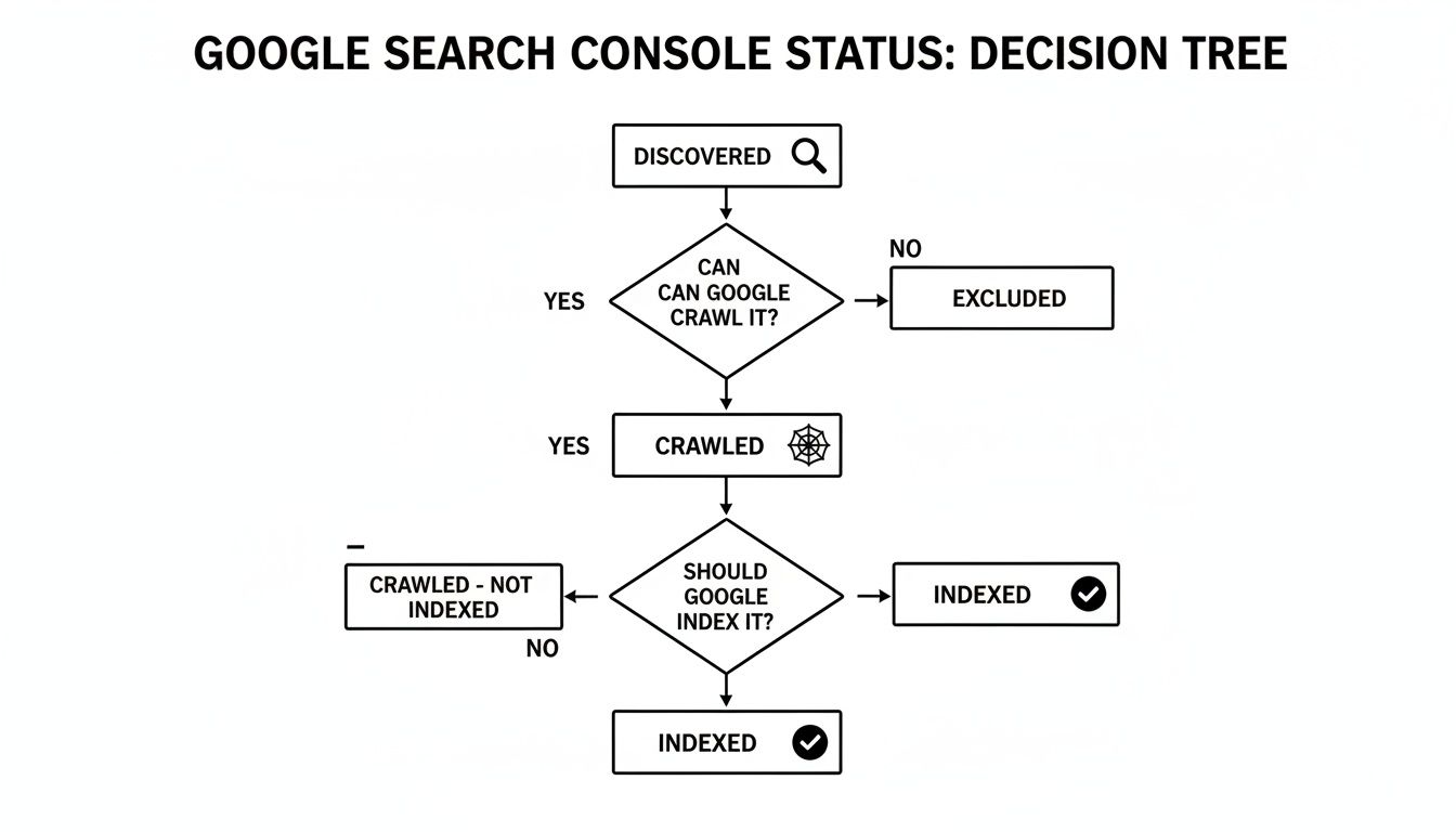 Flowchart illustrating Google Search Console's decision tree for page status: discovered, crawled, indexed, or excluded.