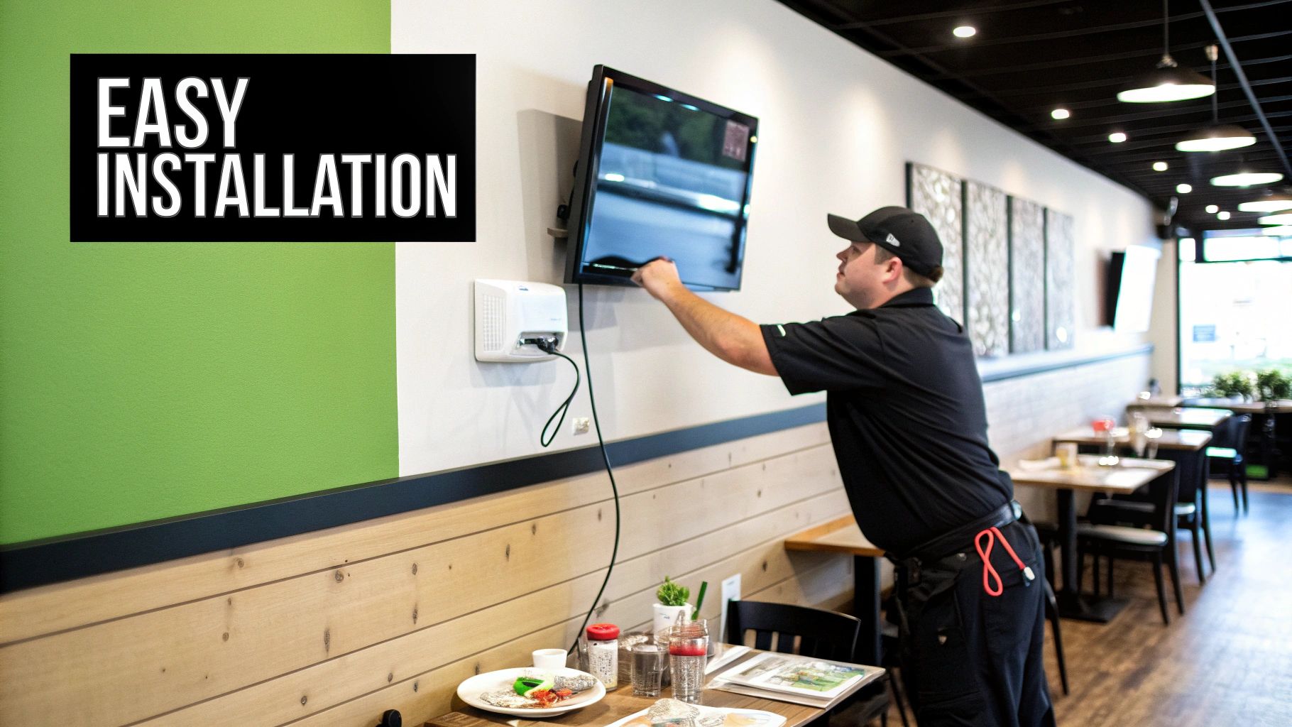 A Complete Guide to Restaurant Digital Signage 3 A person installs a digital signage display on a wall in a modern restaurant, highlighted as easy installation.