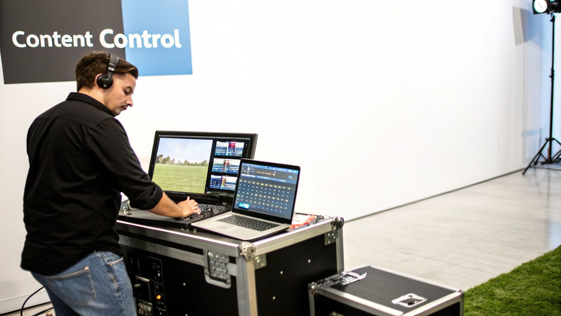 Video production technician operating content control system with multiple laptops for LED stage displays