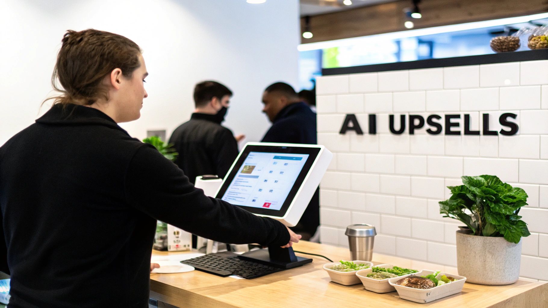 A person using a digital menu board in a restaurant setting