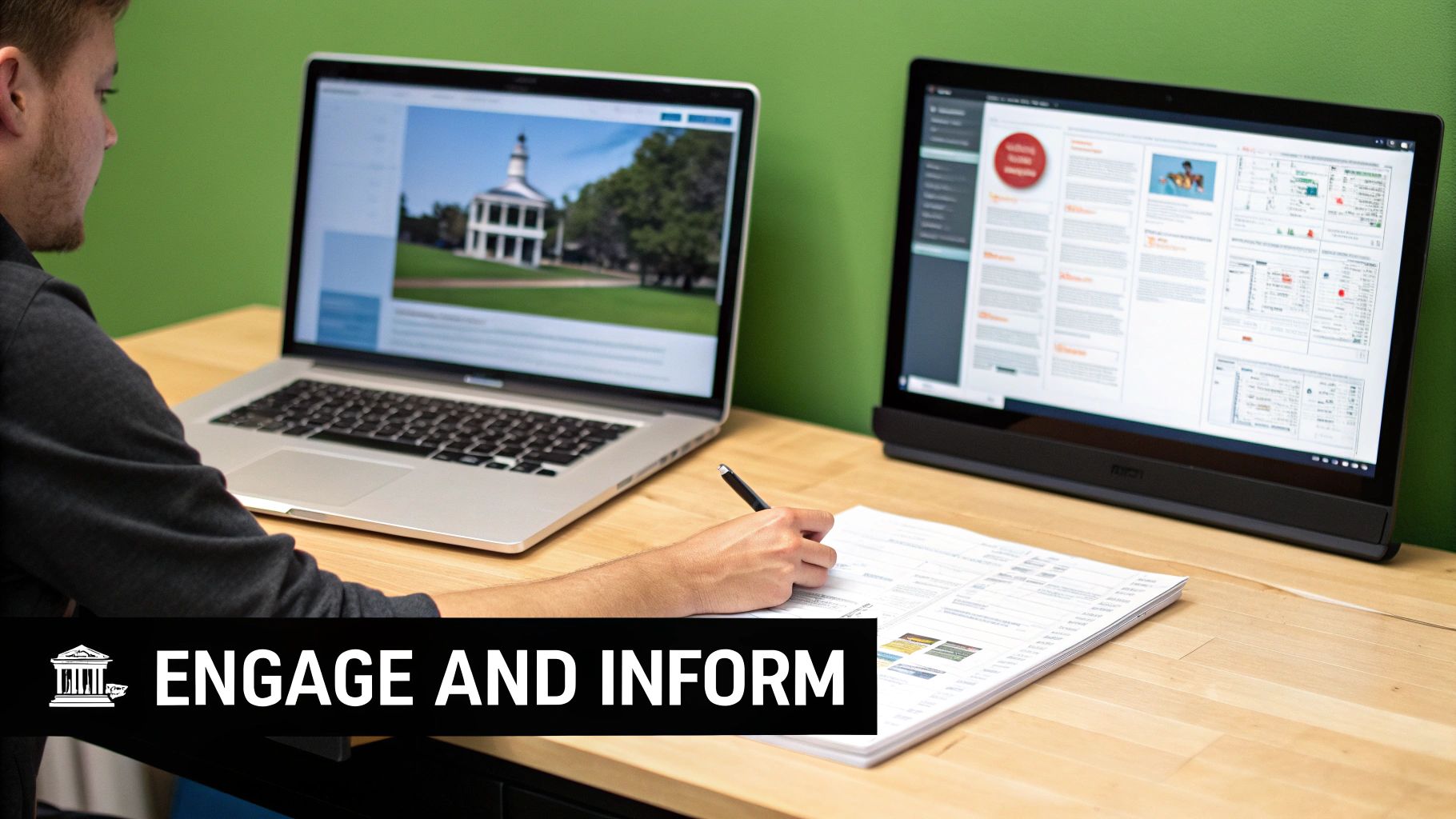The Ultimate Guide to Digital Signage for Education 3 A person works at a desk with two monitors displaying educational content, writing in a notebook.