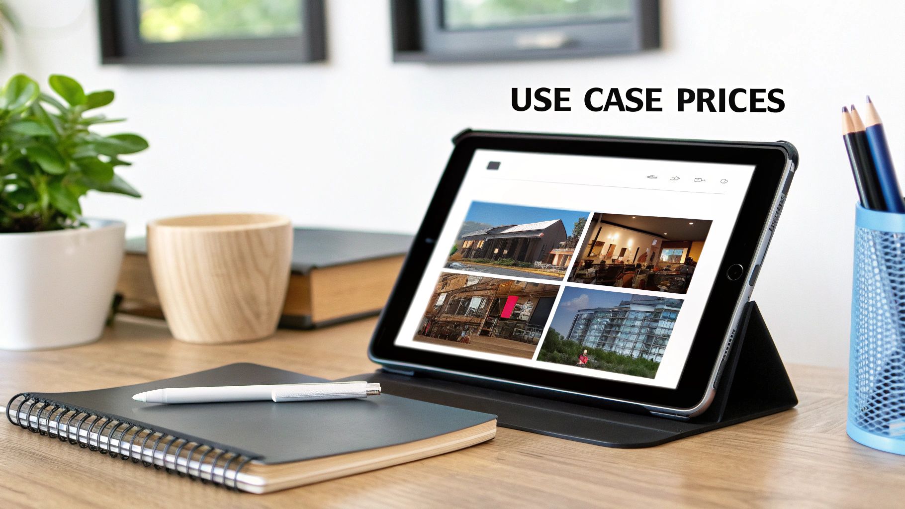 A modern workspace with a tablet displaying images, a notebook, and pens on a wooden desk.