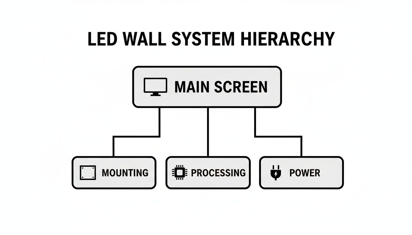 Hierarchy diagram showing LED wall system components: main screen, mounting, processing, and power.
