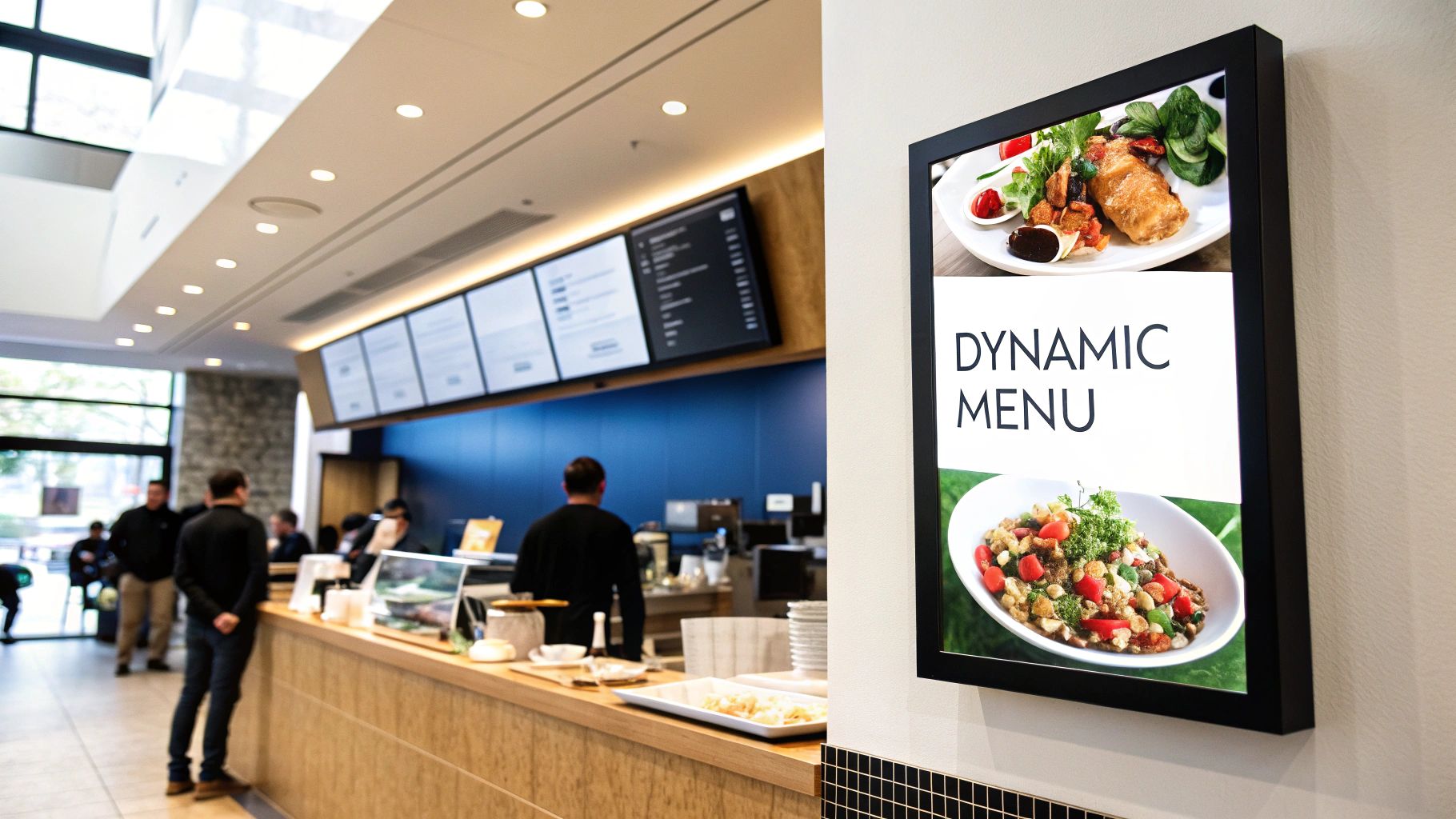 A Complete Guide to Restaurant Digital Signage 1 Modern restaurant interior with multiple digital menu boards, showcasing food and information for customers.