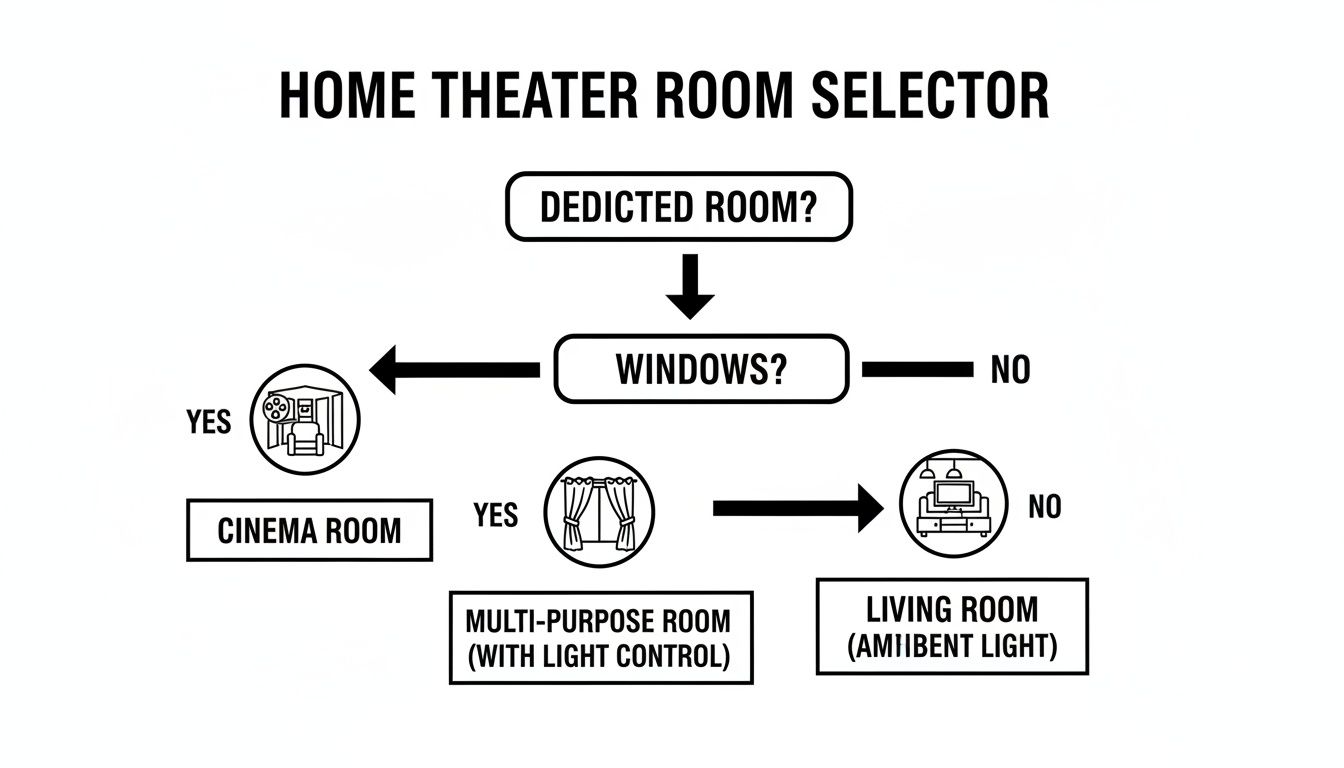Flowchart guiding home theater room selection based on dedication and window presence for cinema, multi-purpose, or living room options.