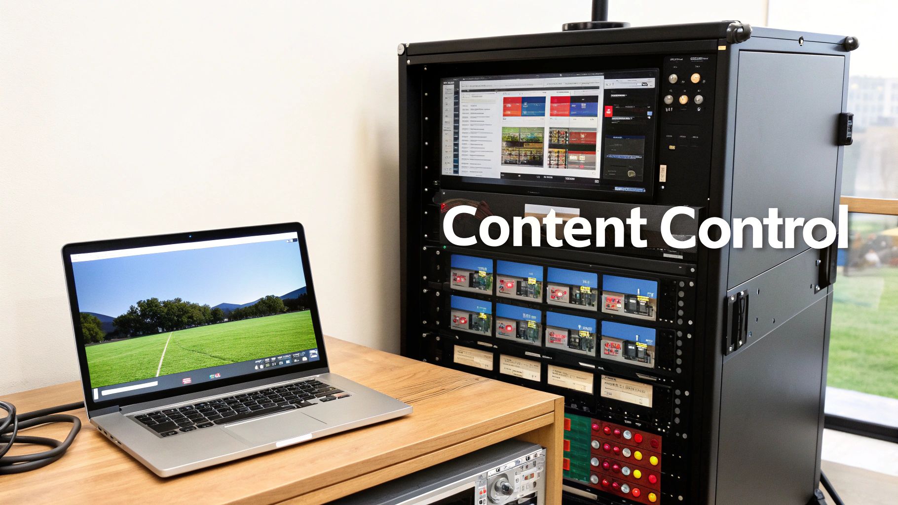 A laptop on a wooden desk next to a large content control rack with multiple screens.