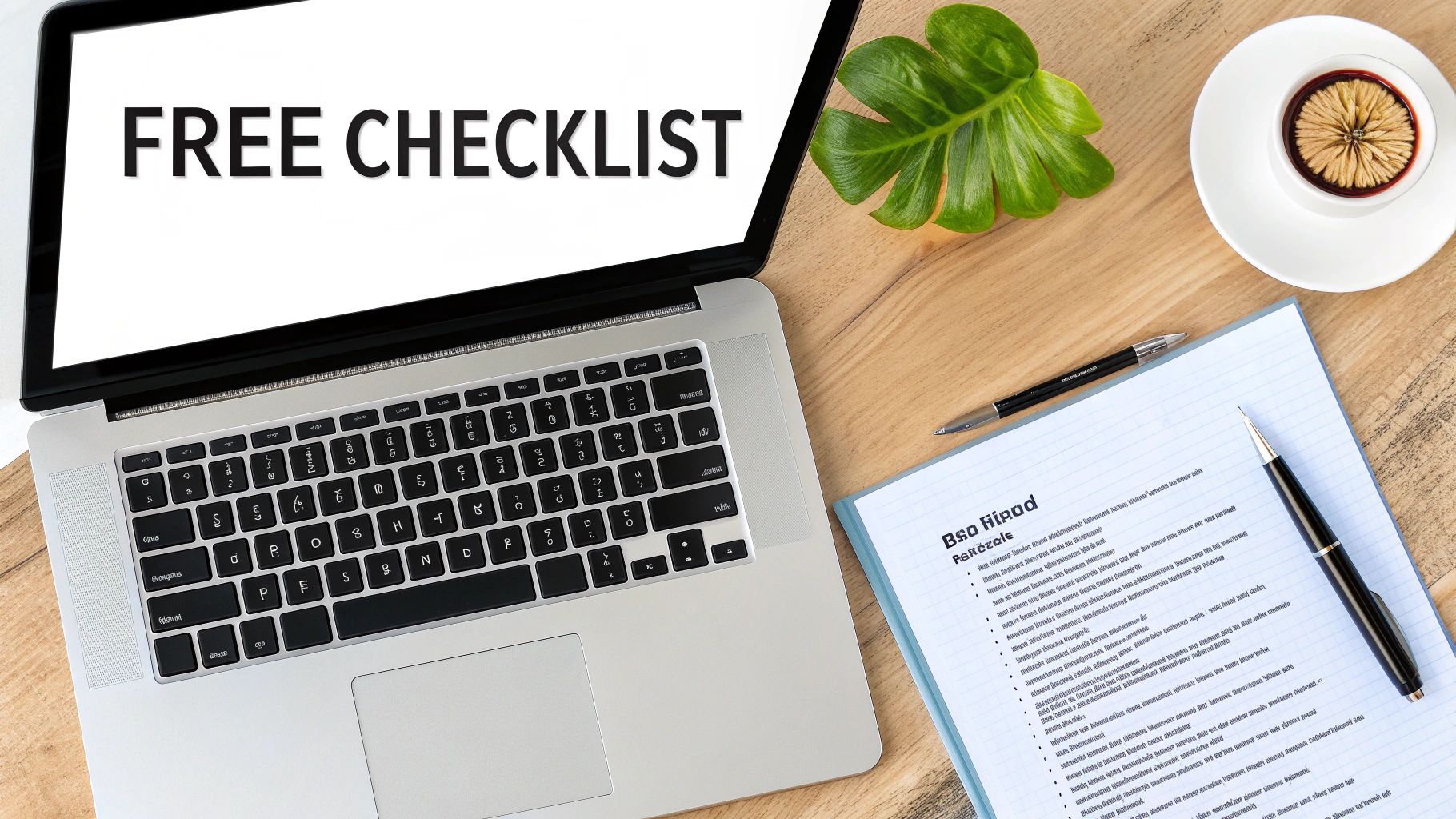 Flat lay of a modern workspace with a laptop displaying 'FREE CHECKLIST', coffee, plant, and notebook.