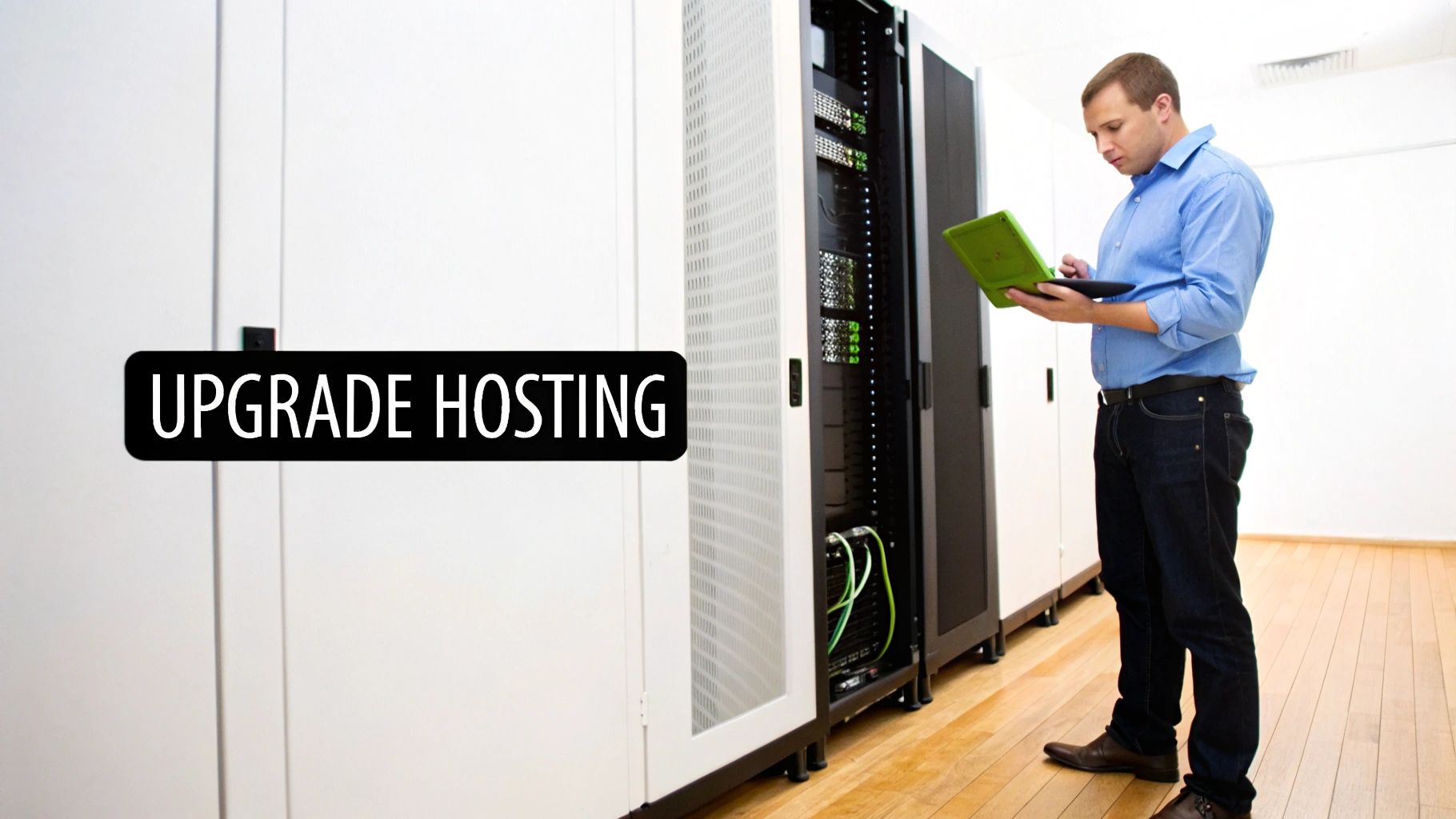 A technician works on a laptop in a data center with server racks, indicating a hosting upgrade.