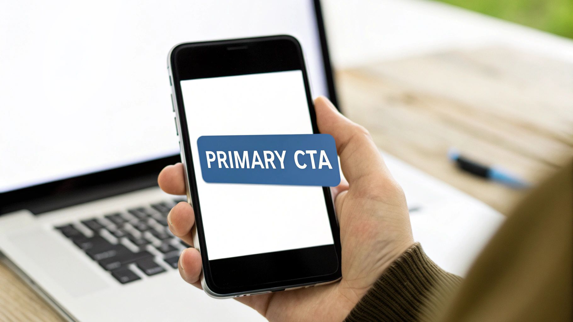 A person holds a smartphone displaying a blue 'PRIMARY CTA' button on a white screen, with a laptop in the background.