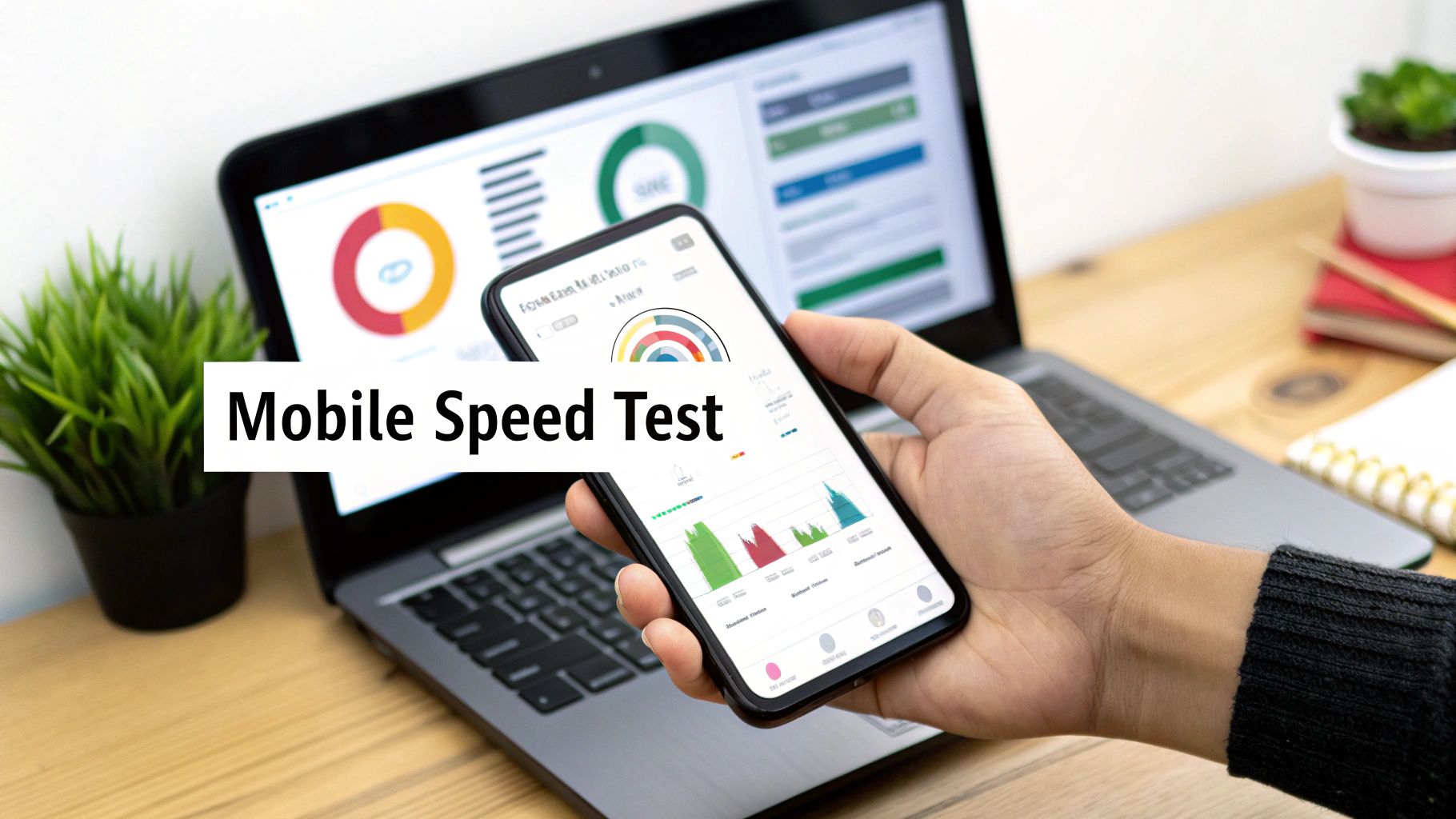 A person holding a smartphone showing a website loading quickly, with a speed dial graphic in the background.