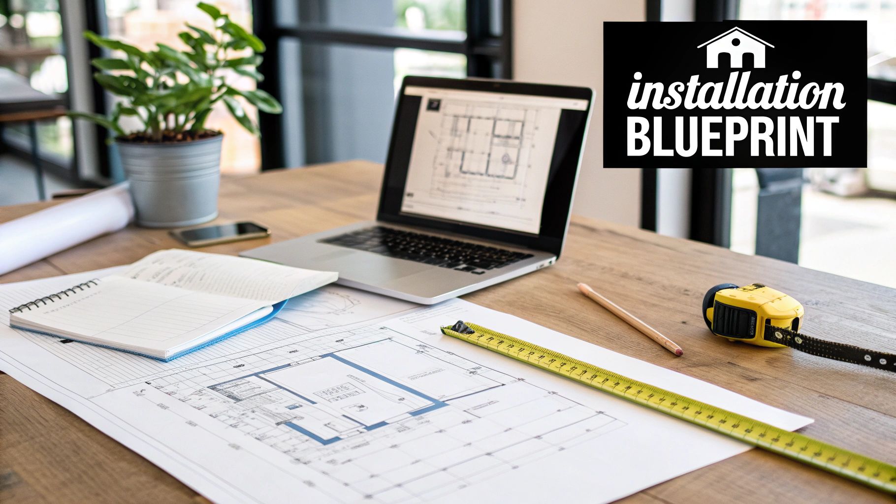 A workspace with architectural blueprints, a laptop, measuring tape, and a plant, suggesting planning.