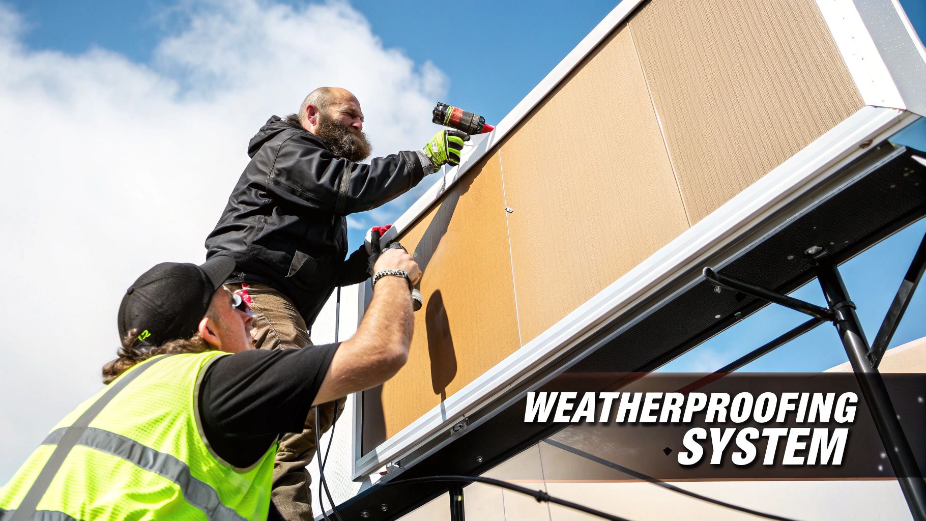 Two workers are applying sealant to a large outdoor weatherproofing system under a blue sky.