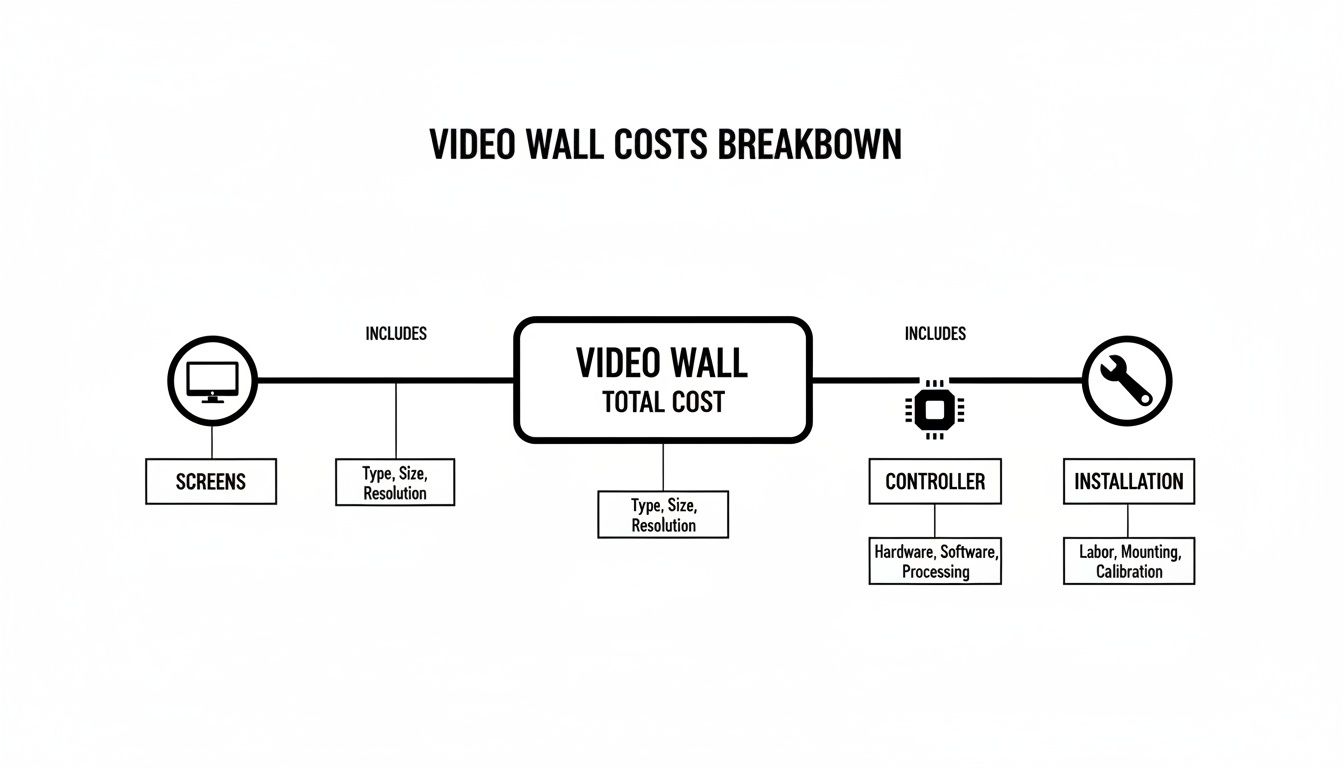 Diagram illustrating a video wall costs breakdown, including screens, controller, and installation details for total cost.