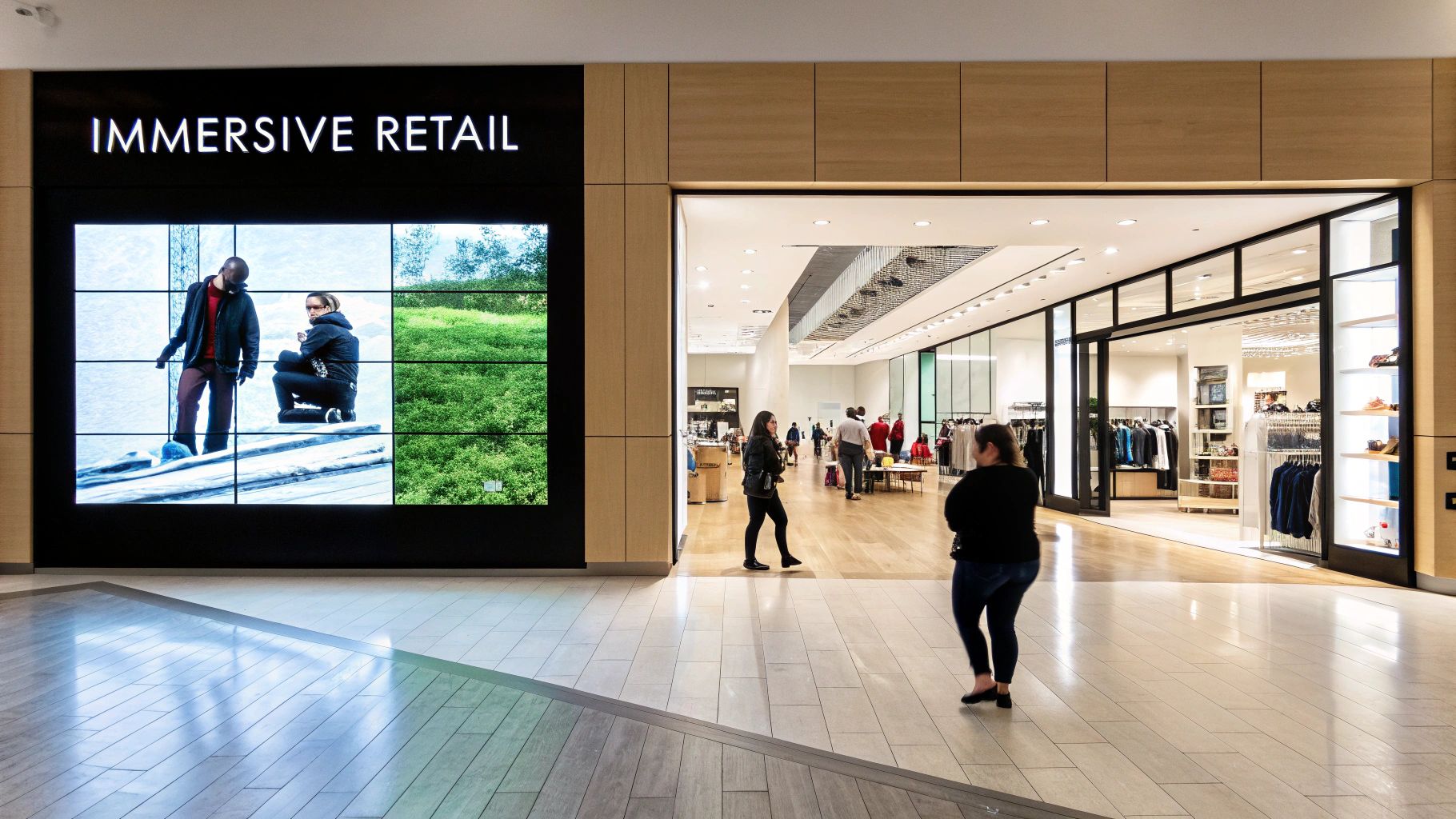 Video Wall Displays: A Complete Guide to Specs, Technology, and Setup 3 A large video wall displaying 'IMMERSIVE RETAIL' next to a modern store entrance with shoppers.