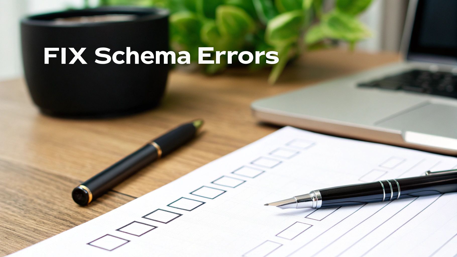 A desk with pens, a checklist, a laptop, and a plant, with text 'FIX Schema Errors'.