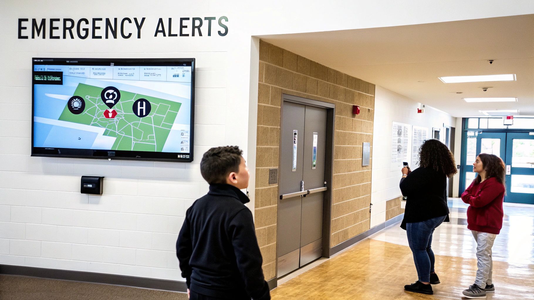 A digital display shows an emergency alert map in a school hallway with students and adults.