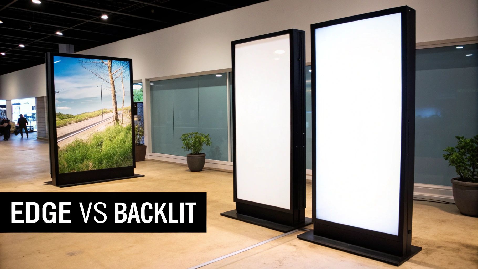 A Practical Guide to LED Light Boxes for Business and Home 2 Three LED light boxes, one with a landscape image, two bright white, for edge vs backlit comparison.