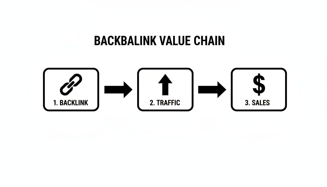 Diagram illustrating the backlink value chain showing backlinks leading to traffic, which then leads to sales.