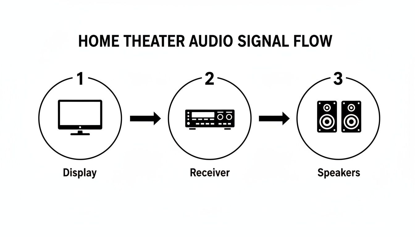 A diagram showing the home theater audio signal flow from display to receiver to speakers.