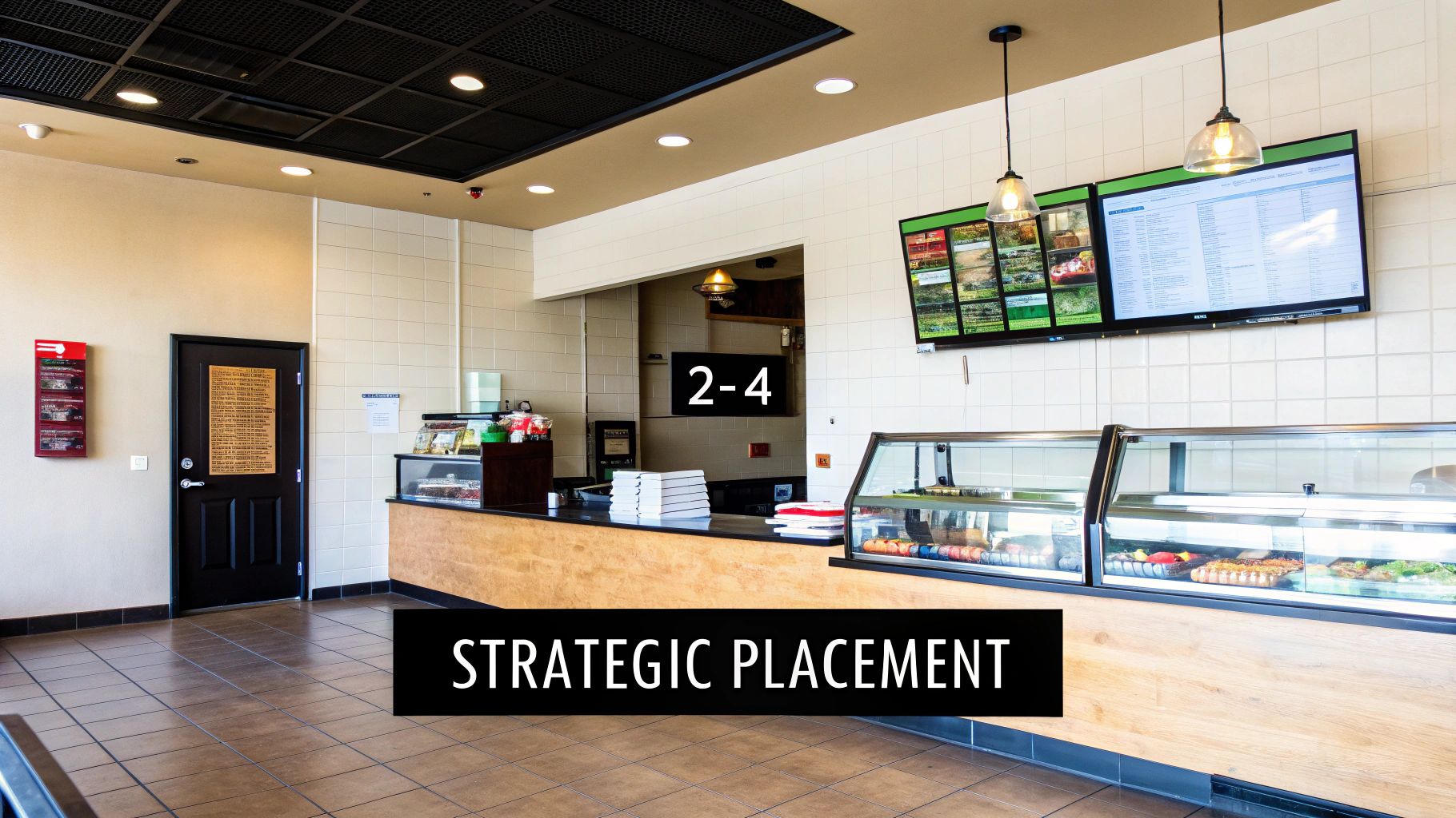 Digital Signage in Restaurants: Boost Engagement and Sales Today 2 Interior view of a modern restaurant with digital menu boards, a serving counter, and food display cases.