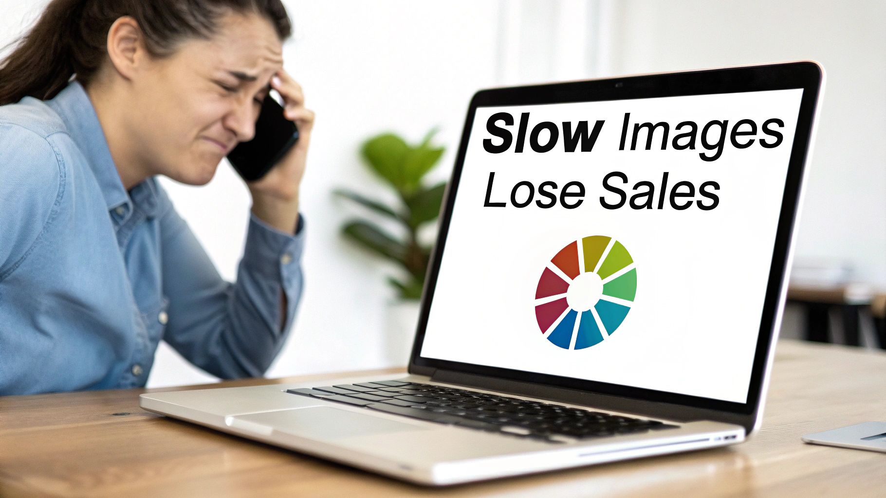 Distressed woman on phone, looking at a laptop displaying 'Slow Images Lose Sales' and a colorful chart.