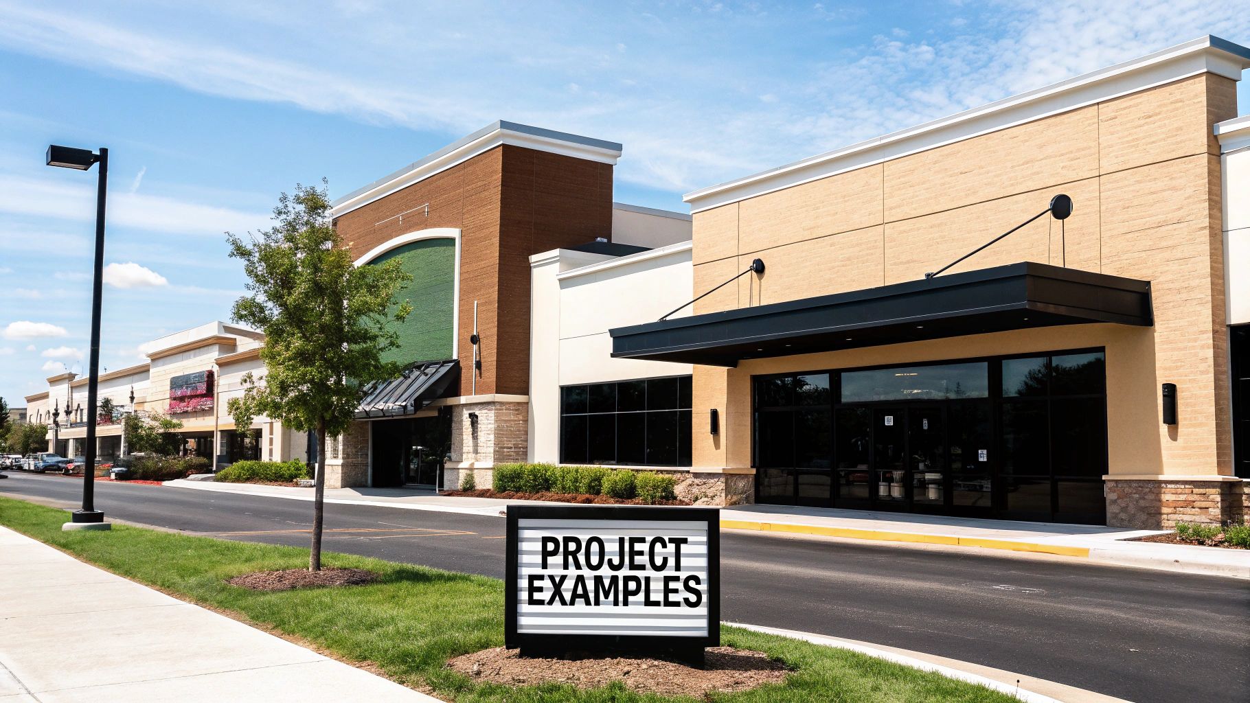 A row of modern commercial buildings on a sunny day with a street sign reading 'PROJECT EXAMPLES'.
