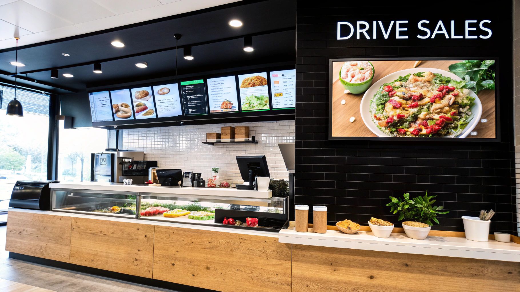 A modern restaurant interior featuring digital menu boards above the counter.
