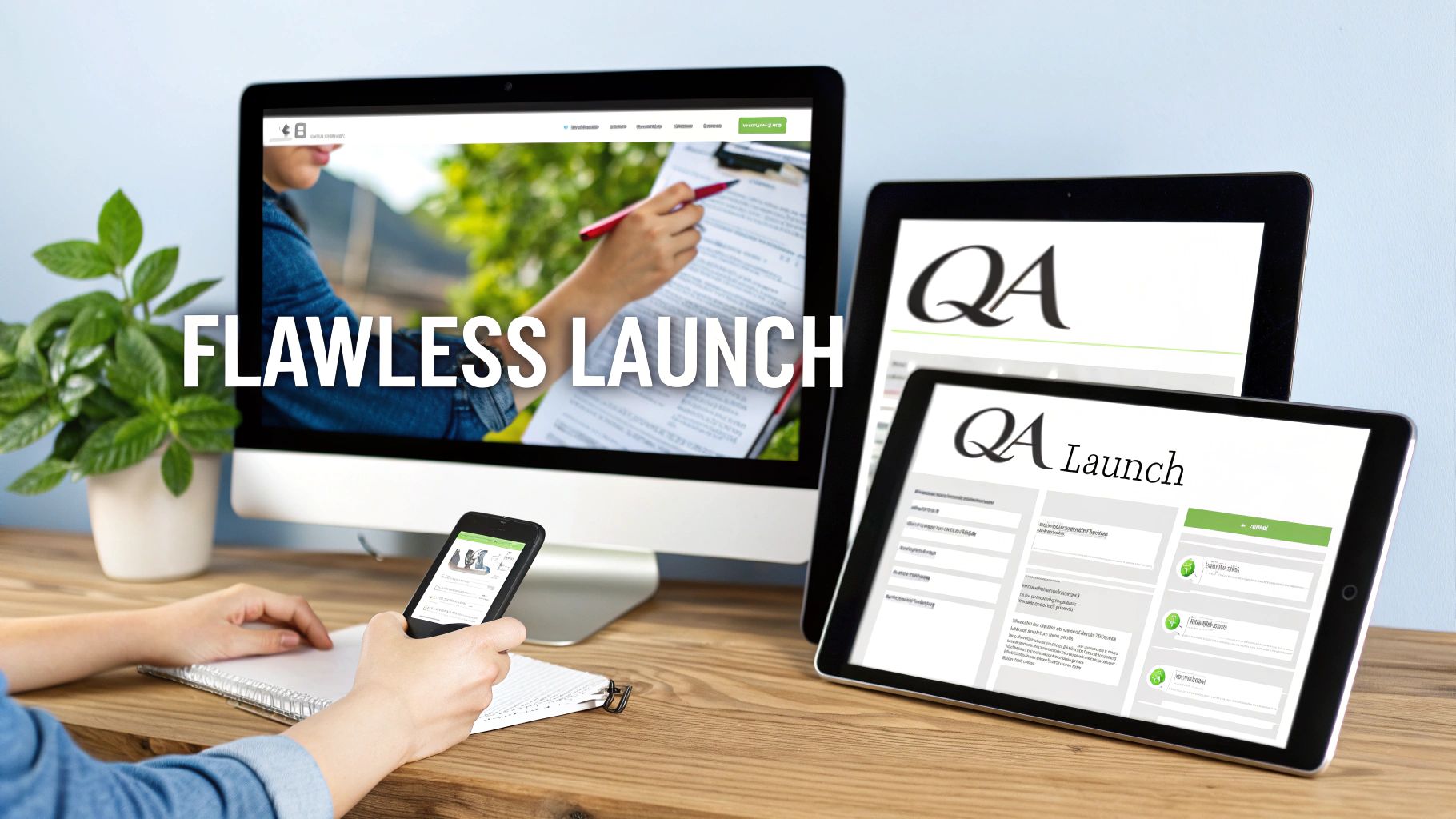 A person reviews website launch details across a desktop monitor, two tablets, and a smartphone.