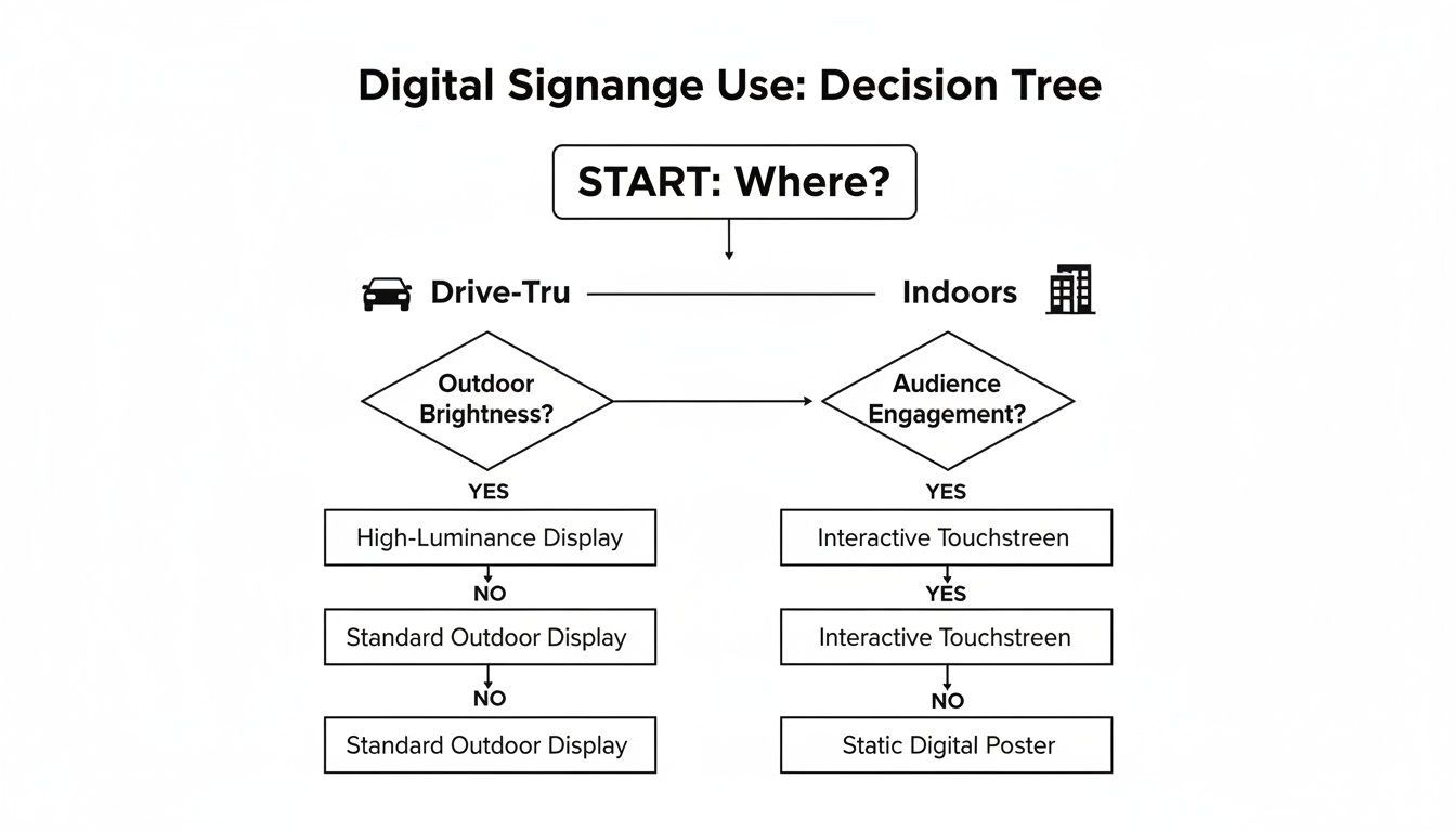 A Complete Guide to Restaurant Digital Signage 2 Decision tree for digital signage selection based on location, brightness, and audience engagement.