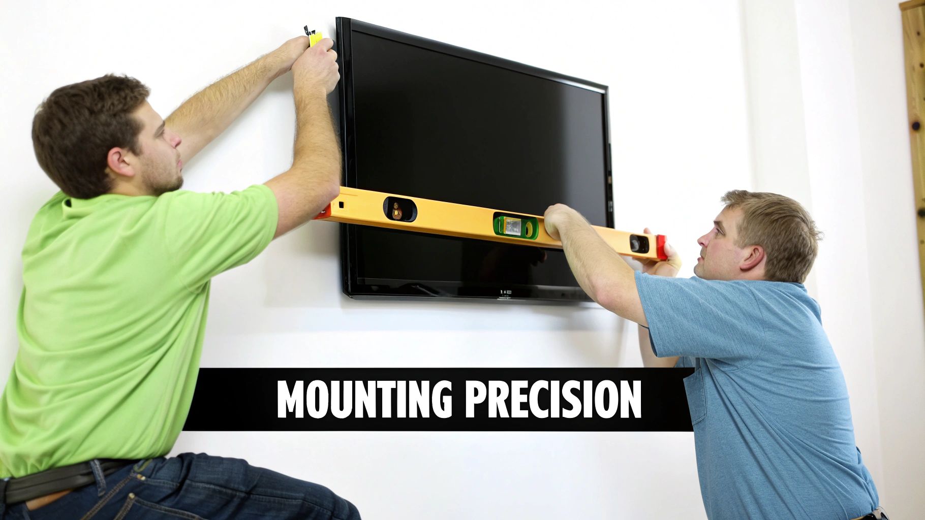Two men meticulously install a flat-screen TV on a white wall, using a level and tape measure.