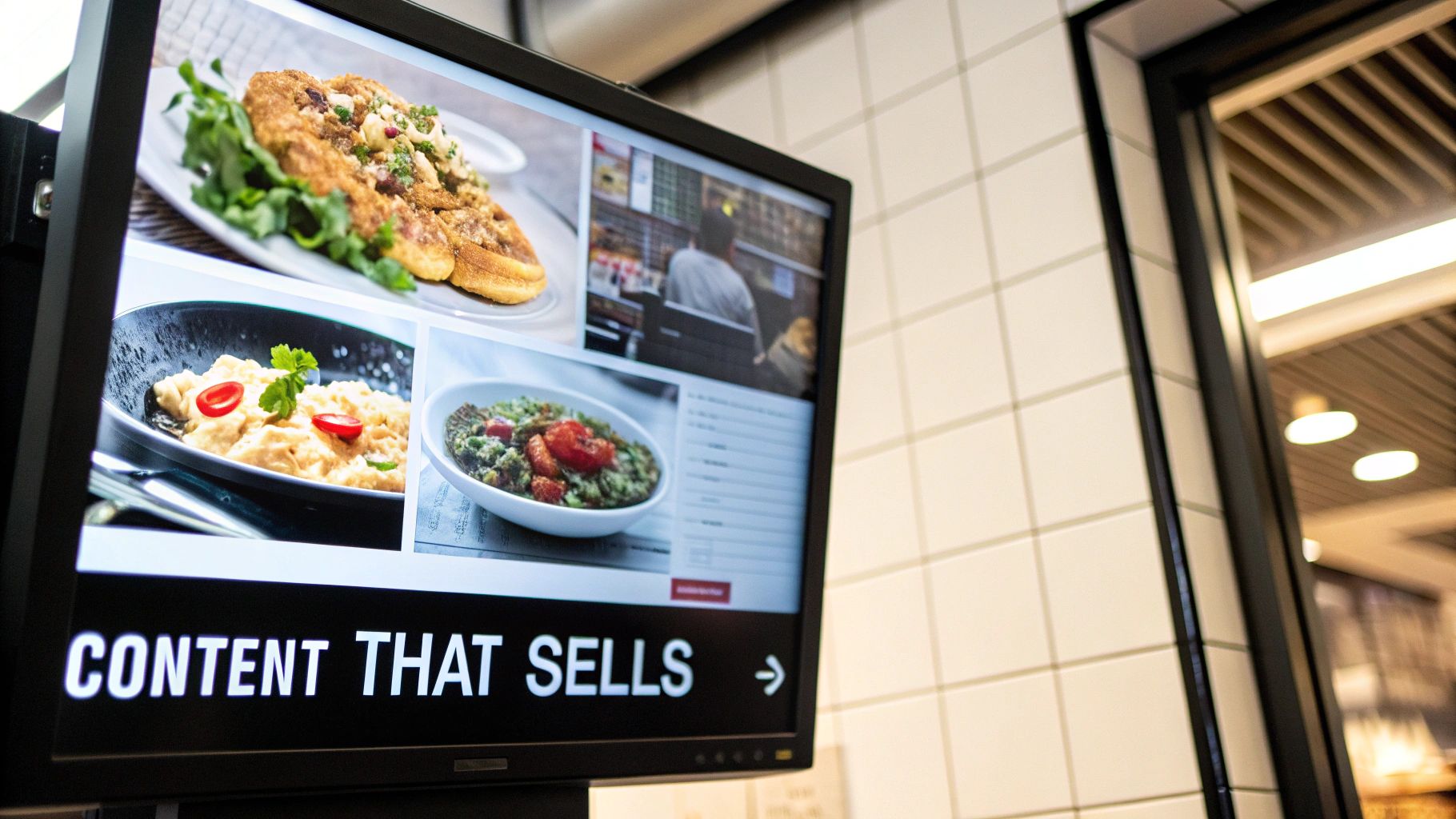 Digital Signage in Restaurants: Boost Engagement and Sales Today 3 A digital signage screen in a restaurant displays various food items and a marketing slogan.
