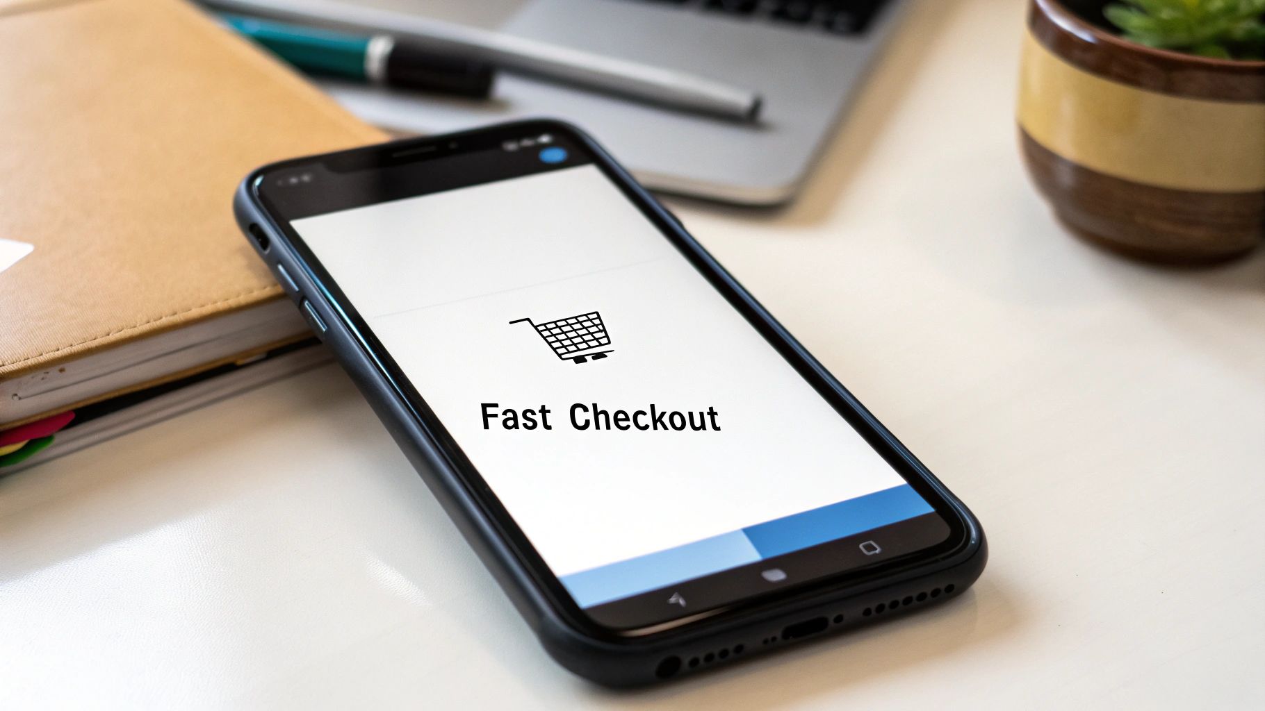 Smartphone displaying fast checkout app with shopping cart icon on desk workspace