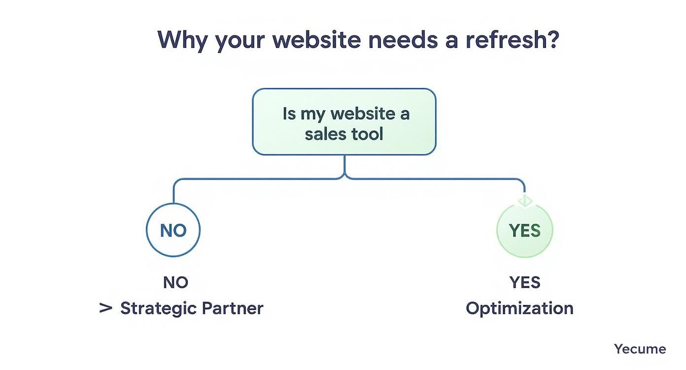 Decision flowchart showing website refresh strategy based on whether site is a sales tool or not
