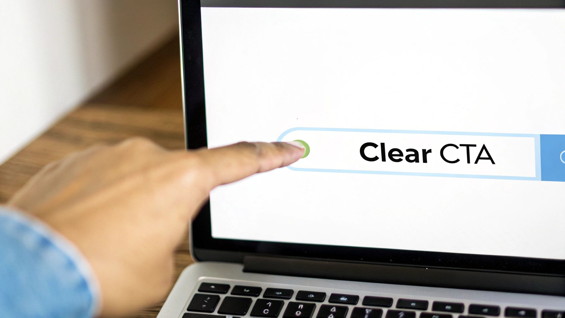 A finger points at a laptop search bar with 'Clear CTA' typed, showing website design focus.