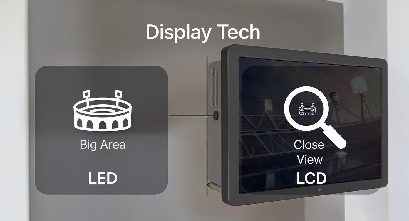 A Complete Guide to Digital Message Boards 2 An infographic decision tree showing technology choices for digital message boards. It branches left for 'Big Area' with a stadium icon leading to LED, and right for 'Close View' with a magnifying glass icon leading to LCD.