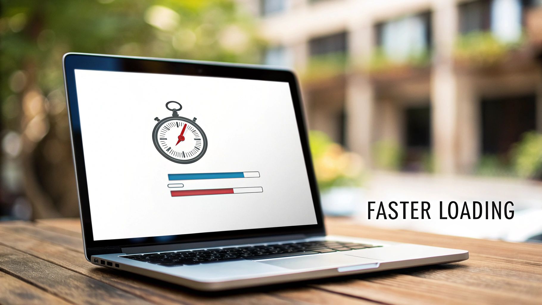 Laptop displaying a stopwatch icon and progress bars, with 'FASTER LOADING' text on a wooden table.