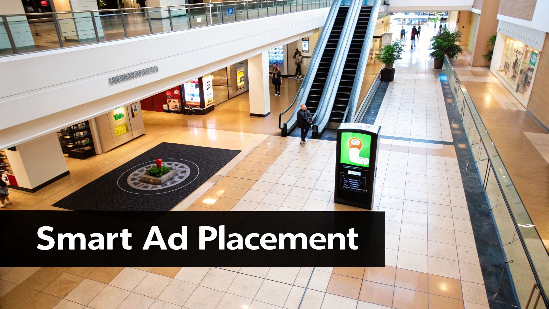 Overhead view of a bustling shopping mall with an escalator and a prominent digital advertising display.