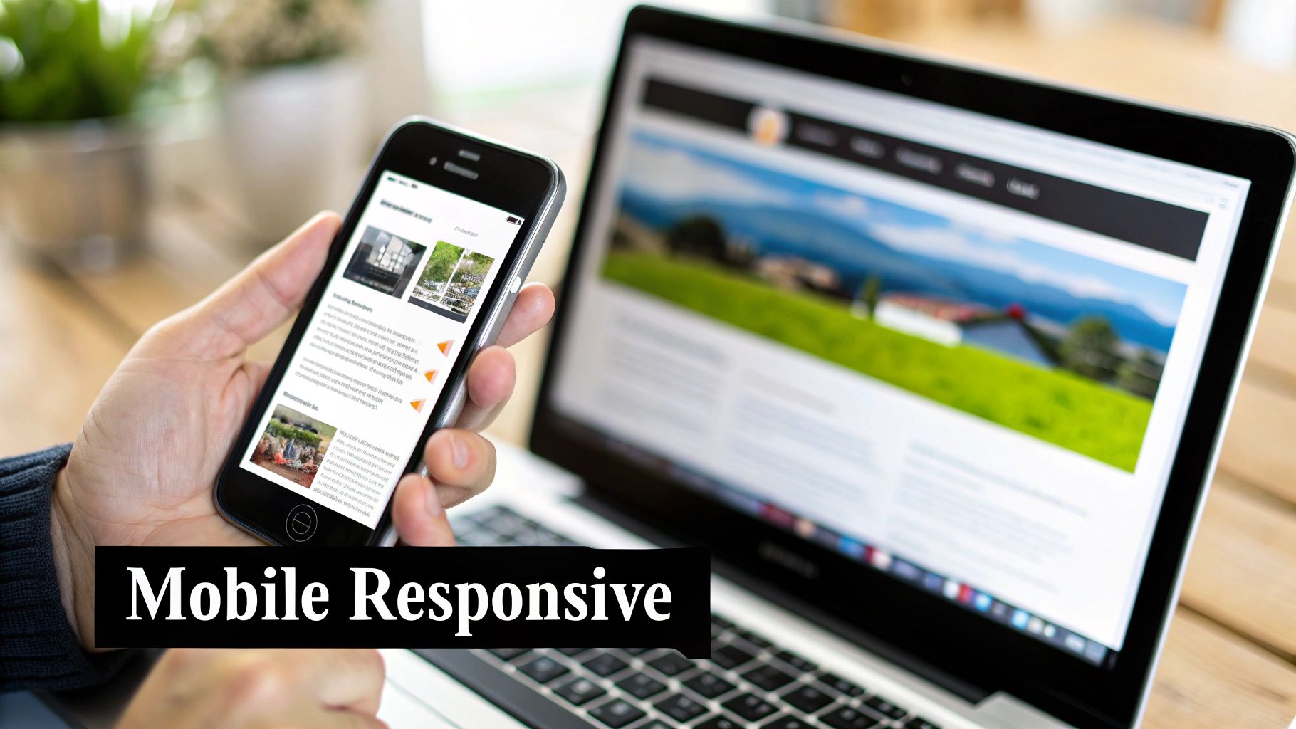 A person holds a smartphone displaying a mobile-responsive website, with a laptop showing the same site in the background.