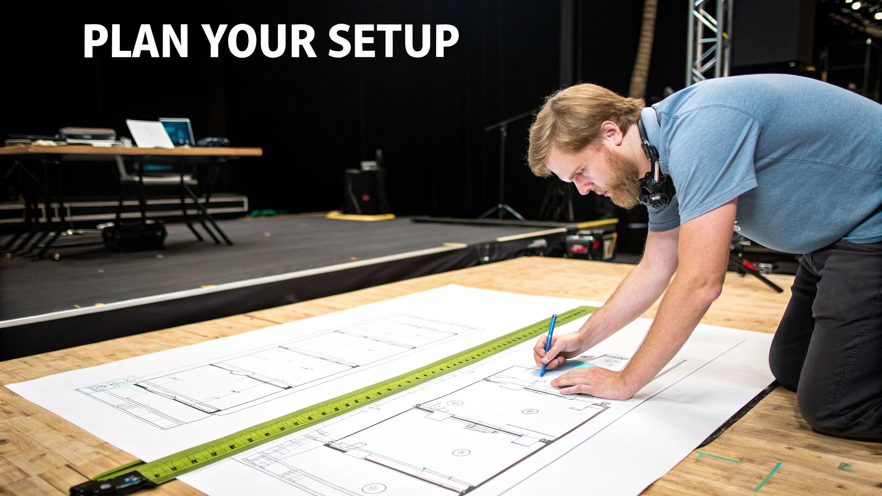 An event crew carefully assembling a large modular LED stage screen in a venue.